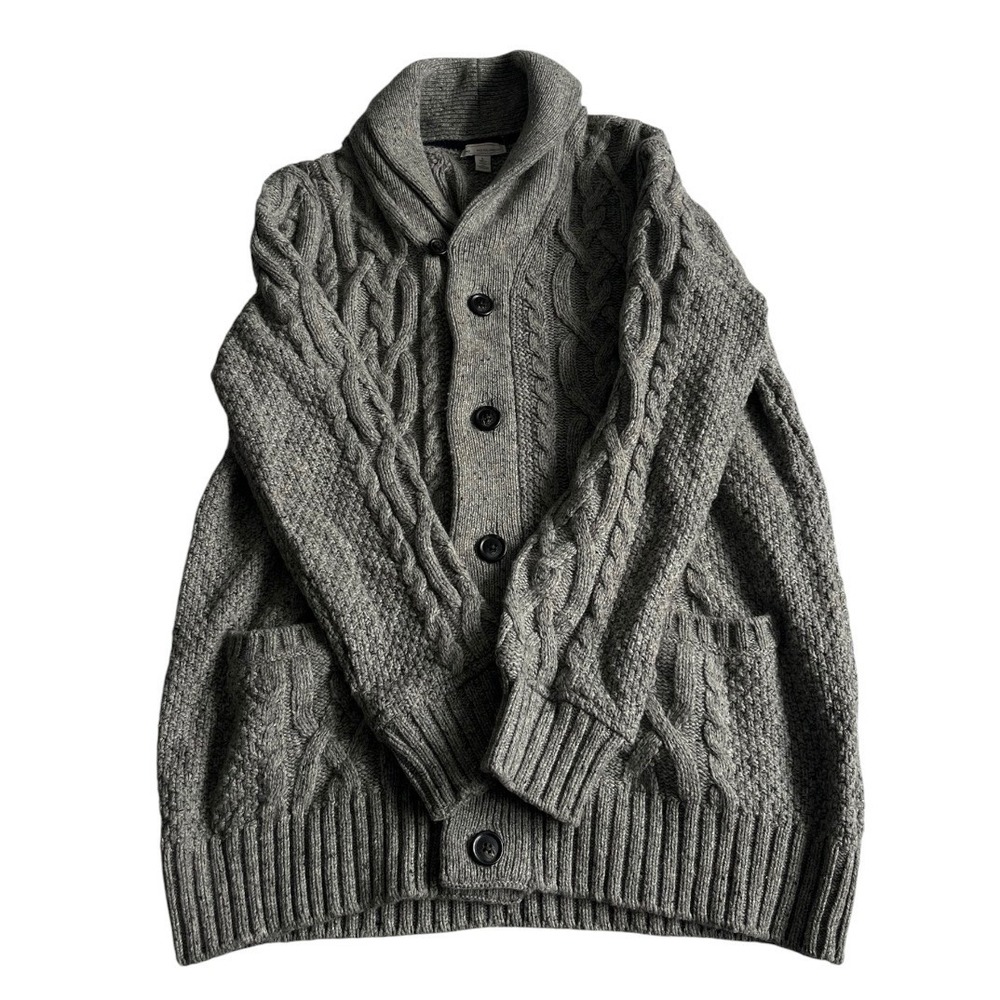 Gap Men Lambswool Blend Shawl Collar Gray Cable Knit Cardigan Pockets Large